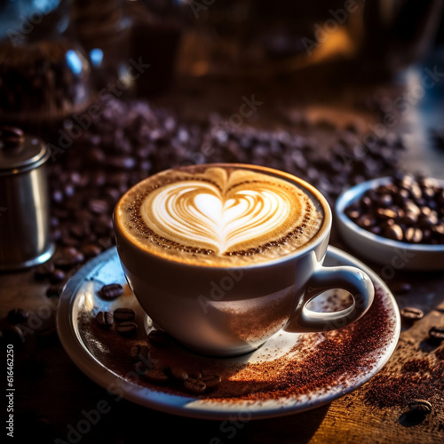 Cozy cup of cappuccino with heart-shaped latte art in a warm, rustic cafe. Aromatic coffee beans on a dark wooden table. Generative AI.