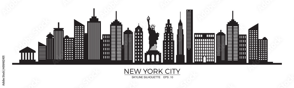 New York city skyline silhouette with Statue of Liberty