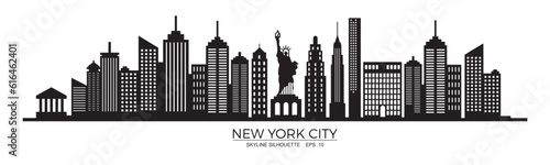 New York city skyline silhouette with Statue of Liberty