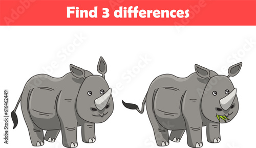 Education game for children find three differences between two rhino animal cartoon. Vector illustration