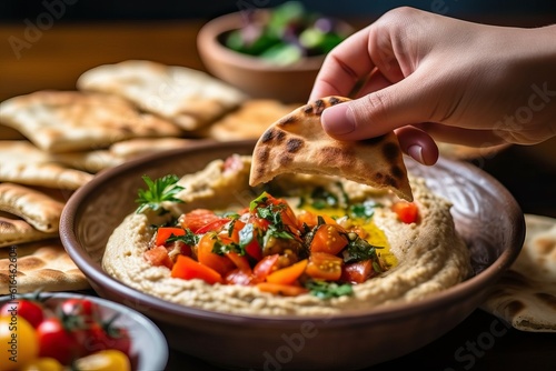 Hummus Served in a Bowl with Freshly Baked Pita Bread - Delicious Middle Eastern Cuisine Perfect for Snacking and Sharing - High-Resolution Food Photography photo