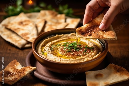 Hummus Served in a Bowl with Freshly Baked Pita Bread - Delicious Middle Eastern Cuisine Perfect for Snacking and Sharing - High-Resolution Food Photography photo