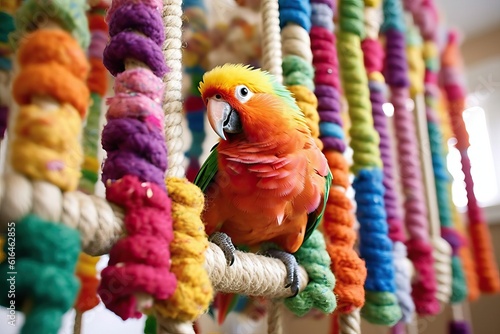 Bird Perched on Swings and Ladders – Vibrant Avian Parrot Enjoying a Playful Day in a Well-Equipped Cage with Various Entertaining Toy photo