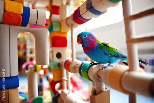 Bird Perched on Swings and Ladders – Vibrant Avian Parrot Enjoying a Playful Day in a Well-Equipped Cage with Various Entertaining Toy photo