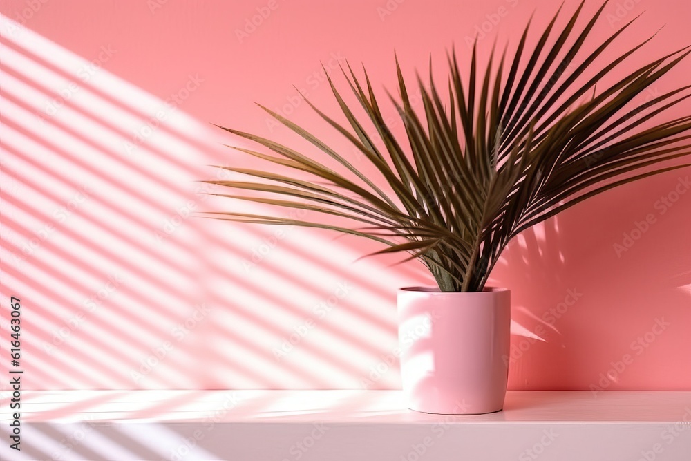 Palm tree with copy space on pink wall background, with shadow shade Palm tree with copy space on pink wall background, with shadow shade