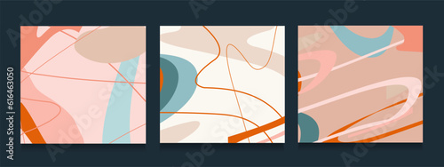 Trendy Set 3D Pattern in the Orange, Brown, Pastel Colors. Abstract Backgrounds for Presentation, Poster, Banner, Cover, web. Graphic shapes and doodle objects, line. Vector illustration