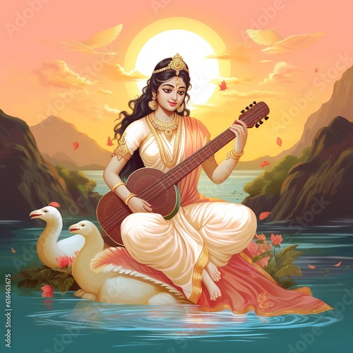 Saraswati devi Goddess, Happy Vasant Panchami Indian festival, Goddess Maa Saraswati. Ai Generated. photo