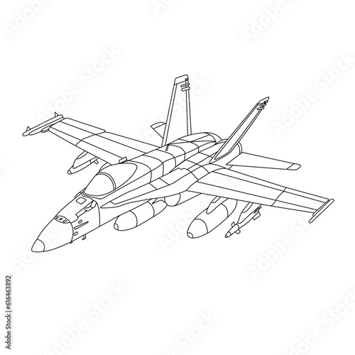 F-18 Aircraft Coloring Book For Children And Adults. F/A-18 Hornet Military Airplane. Fighter Jet F18 Outline Illustration. War Plane Drawing Line Art Vector Illustration