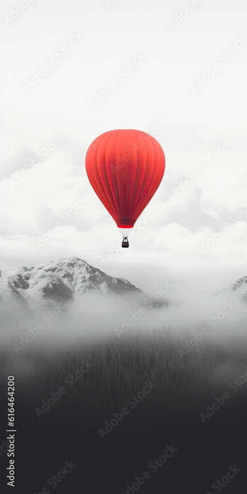 Obraz premium red hot air balloon flying over a snowy alaskan landscape - created using generative Ai tools
