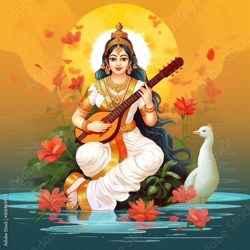 Saraswati devi Goddess, Happy Vasant Panchami Indian festival, Goddess Maa Saraswati. Ai Generated. photo