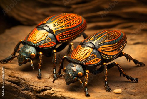 two large black and orange bugs that are sitting on top of some dirt