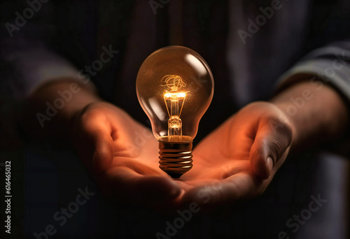 a person's hand is holding a light bulb on a dark background photo