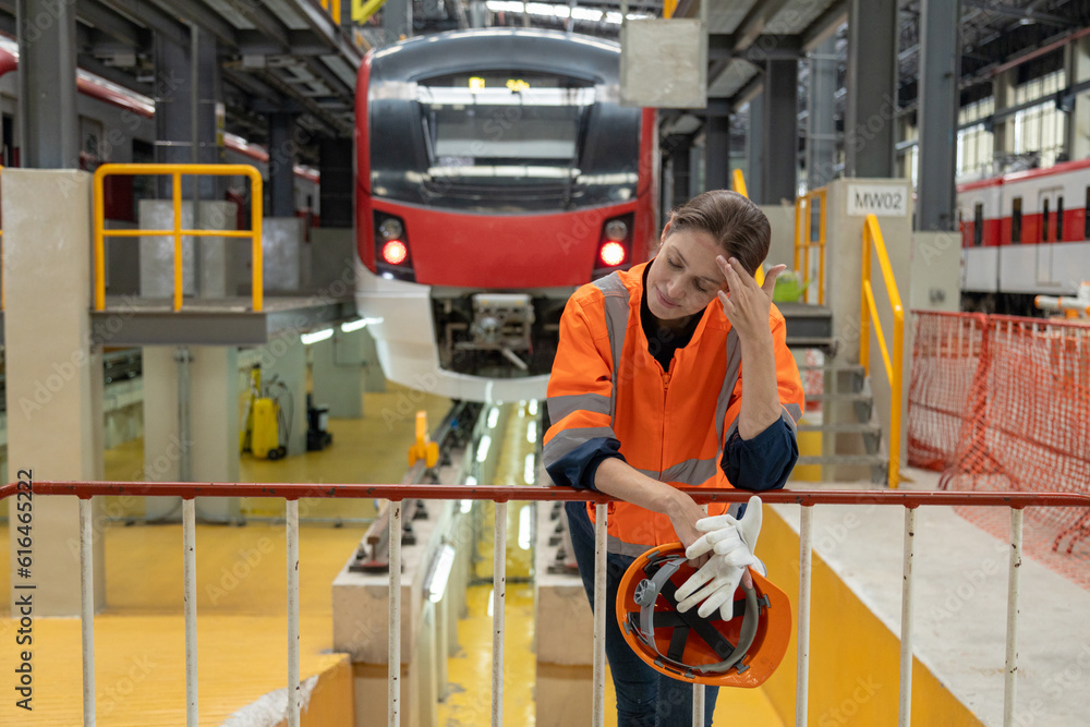Fototapeta premium Two professional engineers checkmechanical check undercarriage of lifted electric train and maintenance of public transport trains in Asia