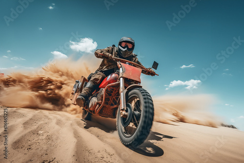 Extreme post-apocalyptic cyberpunk prototype motorcycle Rider riding on sand track, desert in the background.