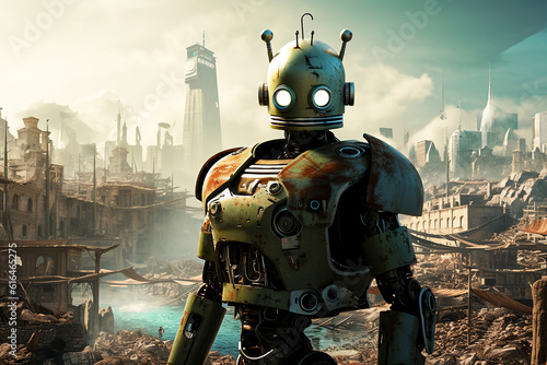 Steampunk Robot in a Steampunk Town. Generative AI. A digital illustration of a steampunk robot looking over a steampunk town in the background.