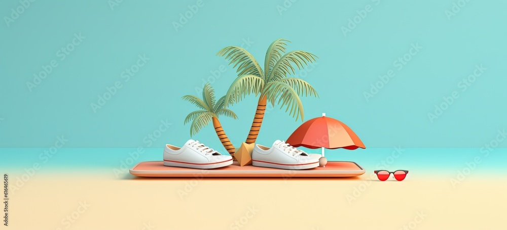 illustration cartoon,  summer vacation holiday banner background with copy space, coconut tree with parasol and a pair of white sneaker,  Generative Ai