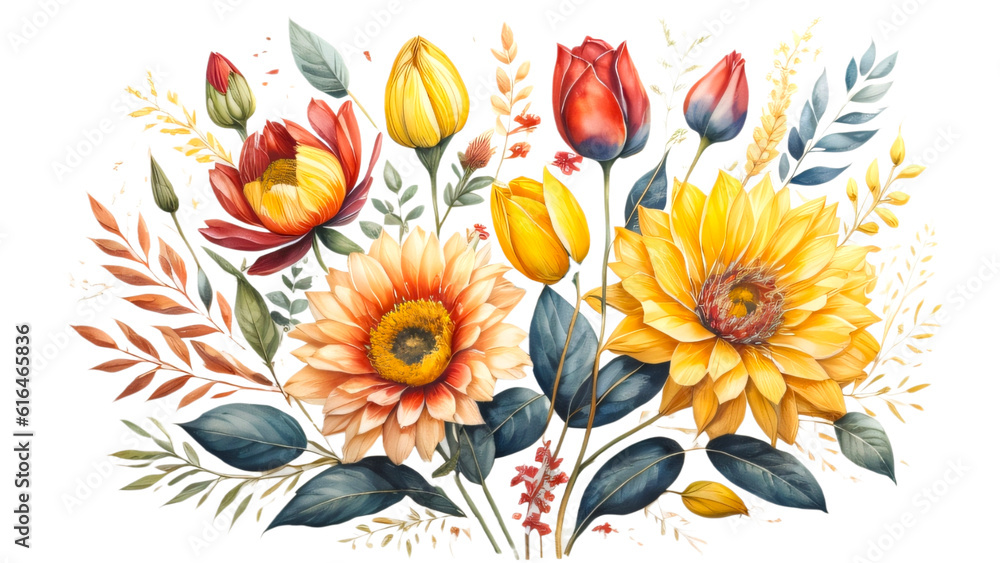 Watercolor bouquet of flowers isolated on transparent background. Best details, can use for card invitation, banner, poster, presentation, printing and more