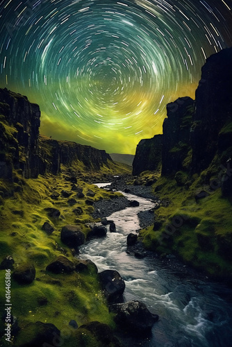 Iceland flora swirling night sky aurora borealis canyon. AI generative