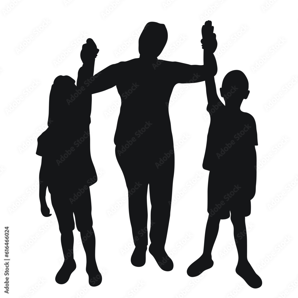Sketchy image of silhouettes of parents and children. Father, dad, mother, mom, son, daughter