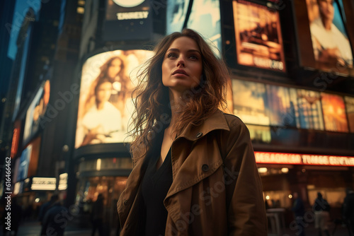 woman in the night at times square portrait