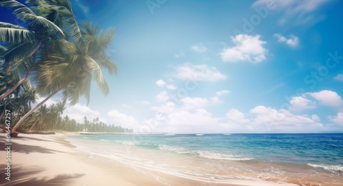 Sunny tbeach with palm trees and turquoise water, caribbean island vacation, hot summer day