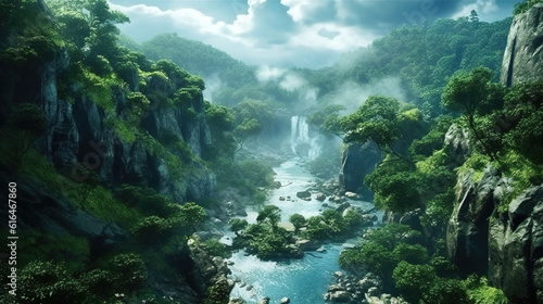 a wonderful beautiful wallpaper background illustration with a big waterfall and a lot of plants, ai generated image