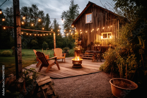 Stampa su tela Cosy outdoor patio with a fire pit in the backyard of a wooden cabin in the fore