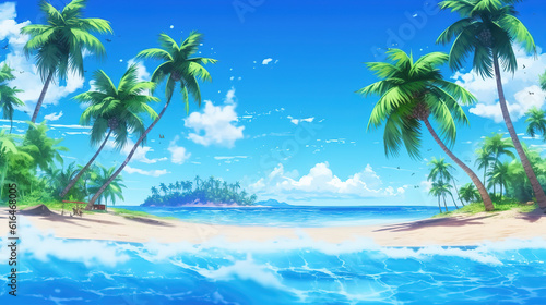 beautiful clear blue water beach scene with palms  anime wallpaper  ai generated image