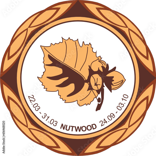 Celtic astrological horoscope. Druid tree calendar. Nutwood: from March 22 to March 31 and from September 24 to October 3. Decorative painting. Ancient runes