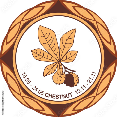 Celtic astrological horoscope. Druid tree calendar. Chestnut: from May 15 to May 24 and from November 12 to November 21. Decorative painting. Ancient runes