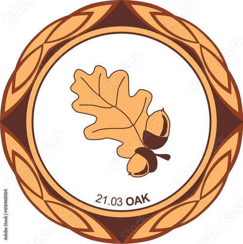 Celtic astrological horoscope. Druid tree calendar. Oak: March 21st. Decorative painting. Ancient runes