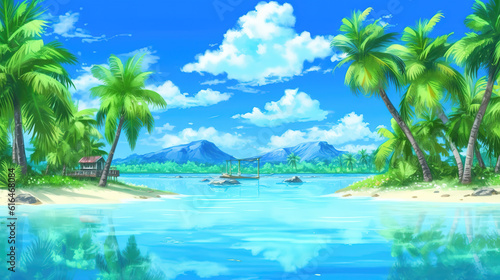 a peaceful place on earth at a beach, clear blue water, anime wallpaper, ai generated image