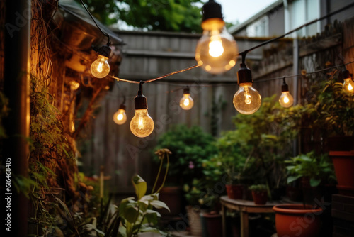 Outdoor string lights hanging on a line in backyard © Jasmina