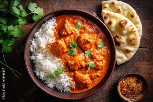 Tikka masala curry with tandoori chicken in a plate, with rice and naan bread on a dark background.