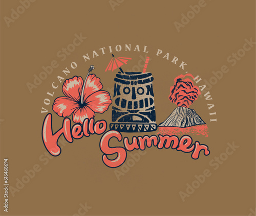 retro vintage summer beach vector design, hawaii beach print design, tropical beach artwork, hawaii volcano vector, hibiscus drawing, tiki musk vector  
