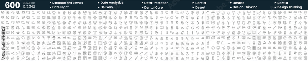 Set of 600 thin line icons. In this bundle include data protection, database and servers, delivery, dentist and more