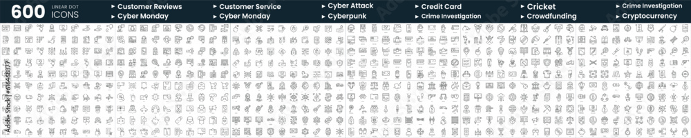 Set of 600 thin line icons. In this bundle include credit card, crime investigation, cryptocurrency, customer service and more