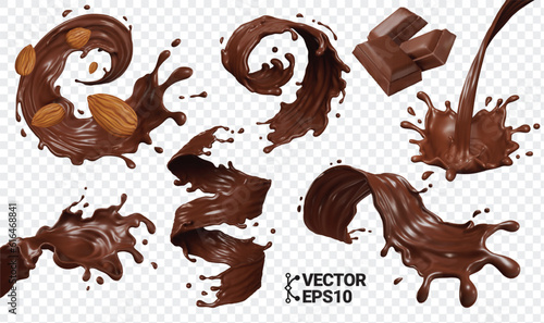 Fotografie, Obraz 3D Chocolate splash isolate realistic vector eps set, pieces of chocolate bar, s