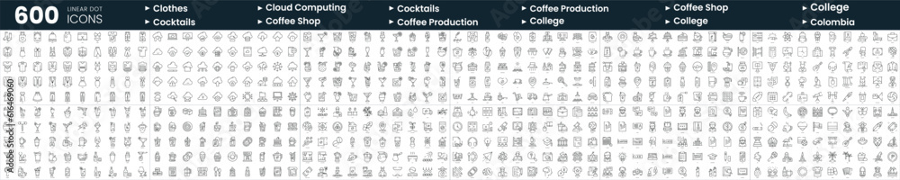 Set of 600 thin line icons. In this bundle include clothes, cocktails, coffee production, coffee shop and more