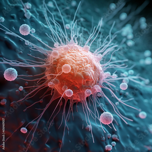 CANCER CELL generated with AI. Beautiful 3d image, microscopic focus. Perfect to use for you linkedin post, website, portefolio, powerpoint presentation. Beautiful colors (Generated with AI)