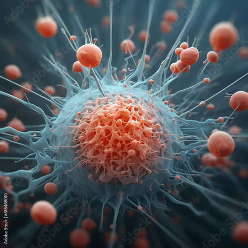 CANCER CELL generated with AI. Beautiful 3d image, microscopic focus. Perfect to use for you linkedin post, website, portefolio, powerpoint presentation. Beautiful colors (Generated with AI)