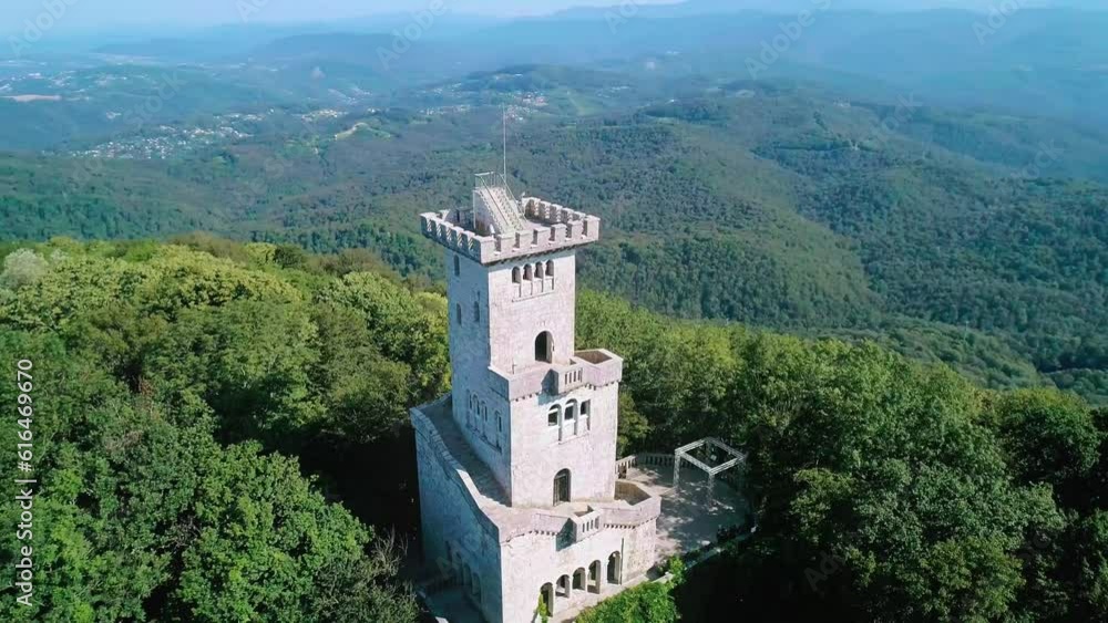 Aerial view of the observation tower on Mount Akhun. The attraction of the city of Sochi. Aerial view of the observation tower on Mount Akhun. The attraction of the city of Sochi.