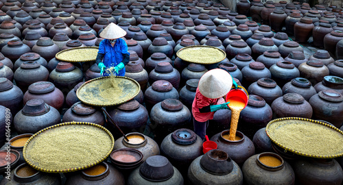 Traditional soy sauce factory, where soya beans are fermented to produce the soy sauce which is used in Vietnam cooking at a soy sauce factory in Hung Yen,VN