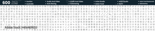 Set of 600 thin line icons. In this bundle include artistic studio, asian food restaurant, astronomy, audio and video and more