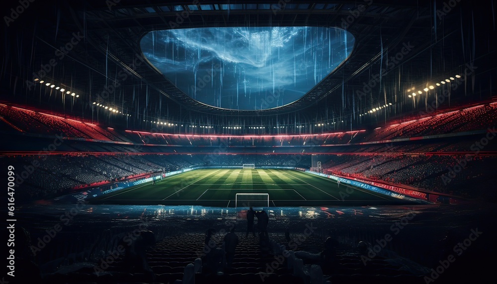 Obraz premium Generative AI illustration of a breathtaking view from inside the stadium, showcasing the vibrant lights and dynamic energy of a game in progress