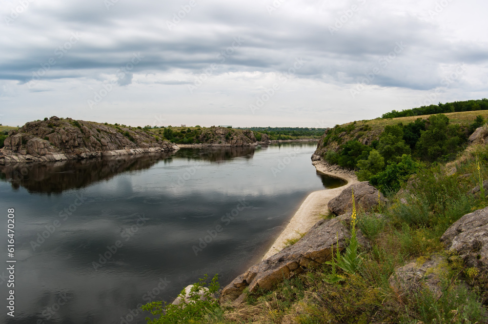 View from the Ukrainian island of Khortytsya on the rocky right bank of the Dnipro River