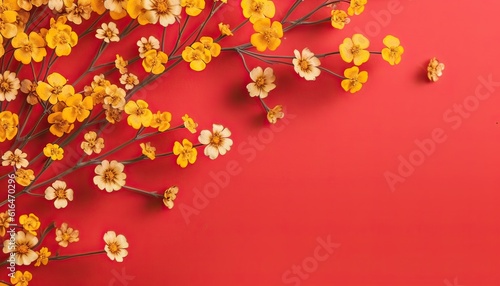 Generative AI illustration of many small beautiful yellow flower blossoms on red pastel background with copy space.