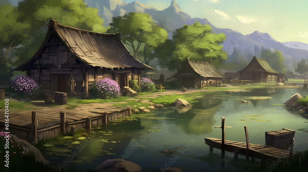 a beautiful asian inspired landscape artwork of back in time at a lake, ai generated image a beautiful asian inspired landscape artwork of back in time at a lake, ai generated image