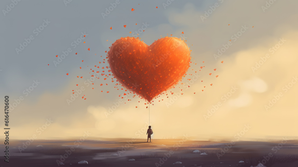 Fototapeta premium a cute person is standing alone holding a giant ballon heart, ai generated image