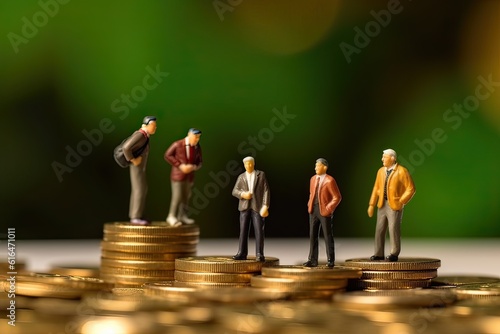 Generative AI illustration of miniature figures people stand on coins. Elderly people and their savings, pension